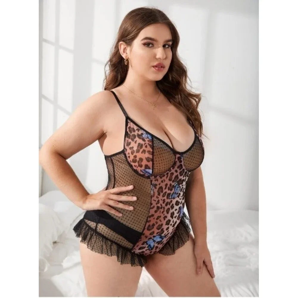 14 Plus (1X) Leopard Contrast Mesh Teddy Bodysuit
